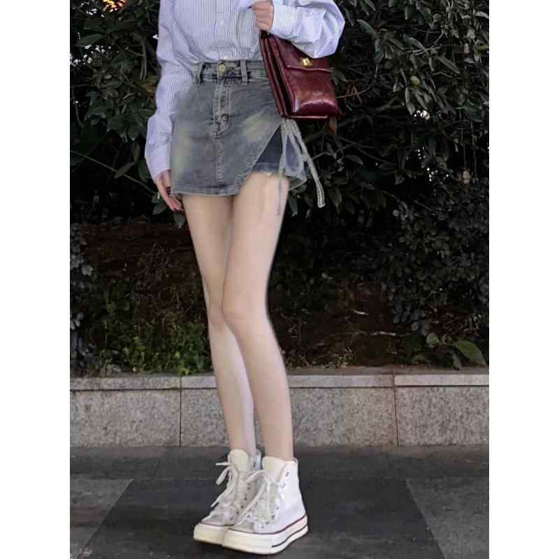 デニムスカート レディース 不規則 抽縄 ハイウエスト ミニスカート キュロット 小柄 Aライン スカート 接触冷感 ポリエステル ブルー ブラック カーキ 軍緑 ピンク グレー