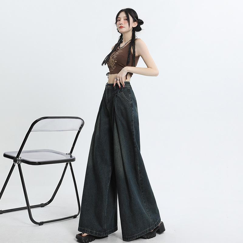 デニム レディース ワイドパンツ 春夏 ハイウエスト 褶皱 フレア ロングパンツ ゆったり 体型カバー 通勤 きれいめ かわいい おしゃれ ジーンズ ボトムス ジーパン