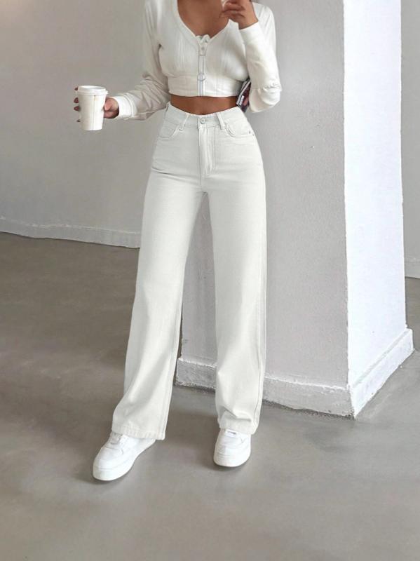ジーンズ レディース ストレッチ デニム ワイドパンツ ストレート ロング丈 白 カジュアル 伸縮性 中厚手 普段使い