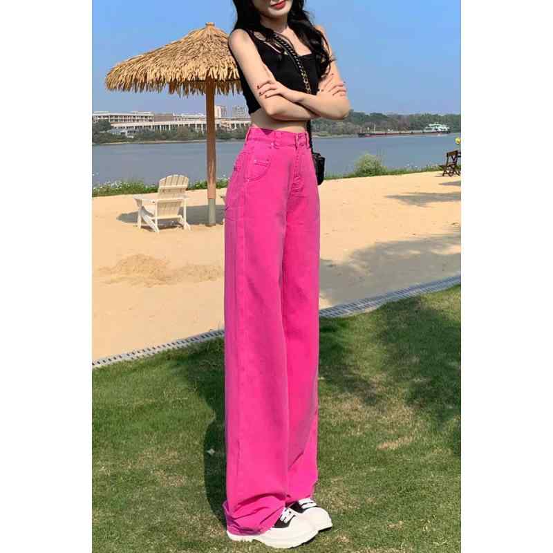 ジーンズ レディース 春夏 高腰 ワイドレッグ ズボン ゆったり デニム 火龙果色 パステルカラー ウォッシュ加工 体型カバー 美脚 着痩せ