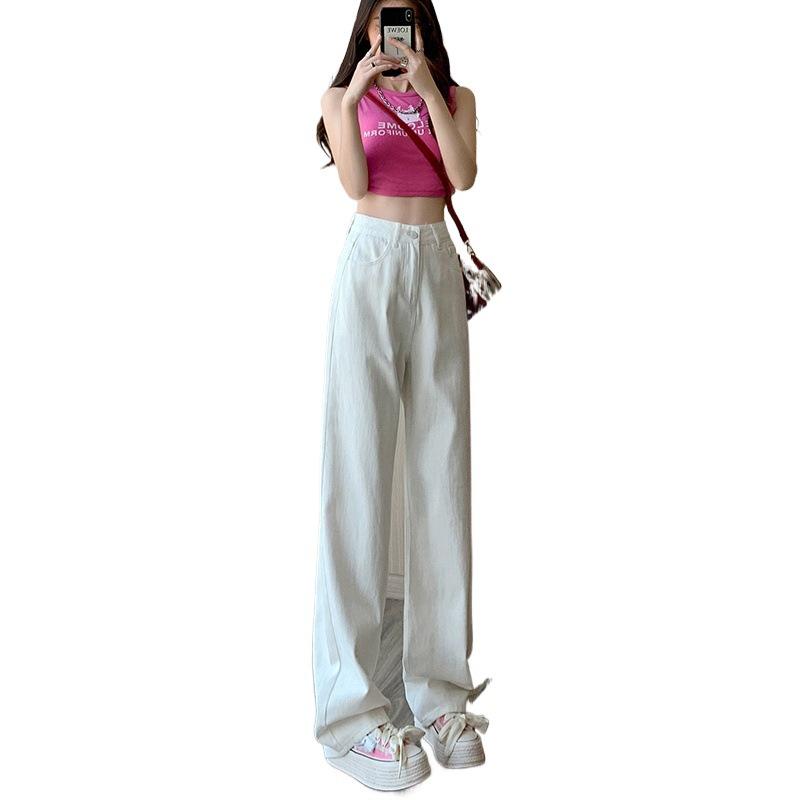 ・素材: 牛仔布/棉・スタイル: 阔腿裤・パンツ丈: 长裤・股上: ハイウエスト・デザイン: 無地, ウォッシュ加工, ジッパー・カラー: ホワイト（九分丈, 长裤, 加长）・サイズ: XS, S, M, L, XL, 2XL・系統: きれいめカジュアル・パンツタイプ: ワイドレッグ・主素材含有量: 90%-95%