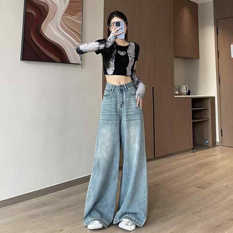 デニム レディース ワイドレッグパンツ 高見え 高身長 高腰 ジーパン ジーンズ 着痩せ 美脚 ゆったり ストレート 薄手 デニムブルー ブ..