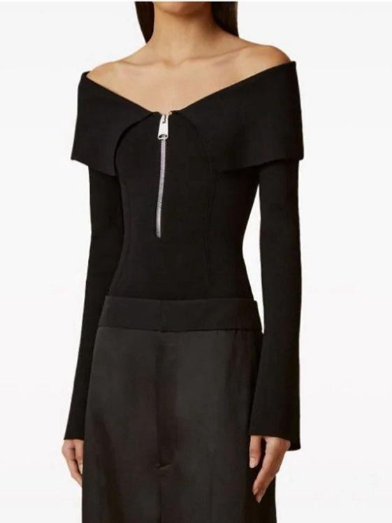 ニット レディース 24秋冬 黒 一字襟 肩出し 長袖 トップス プルオーバー タイト スリム 無地 セクシー 接触冷感