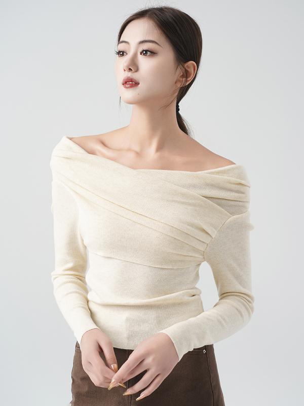 ニット レディース 秋冬 一字肩 トップス 長袖 セクシー スリムフィット 杏色 きれいめ 上品 エレガント デート 普段使い