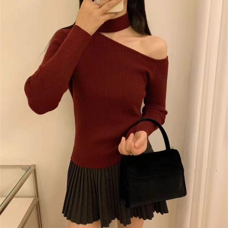 ニット レディース 秋冬 挂脖露肩トップス セクシー タイト ニットソー 長袖 インナー クリスマス 赤 黒 杏色 コーヒー色