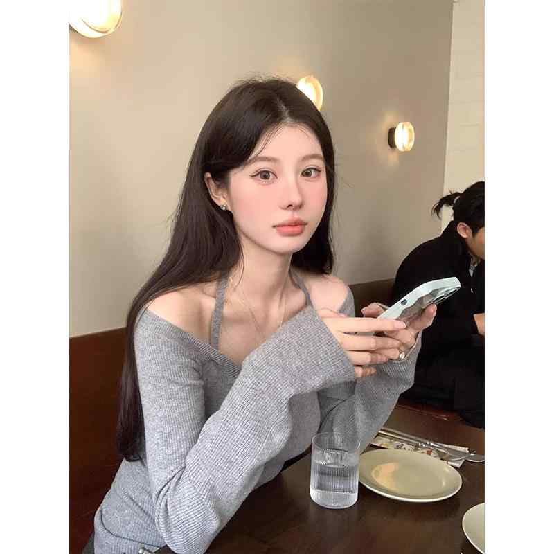 ニット レディース 秋冬 トップス グレー 長袖 セーター カットソー インナー タイト 無地 接触冷感 きれいめ デート