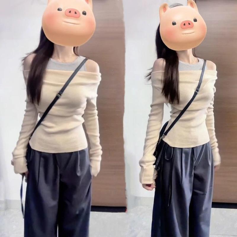 ニット レディース 春 一字襟 肩出し トップス 杏色 黒色 長袖 フェミニン タイト ショート丈 プルオーバー きれいめ おしゃれ かわいい 着痩せ スタイルアップ デート