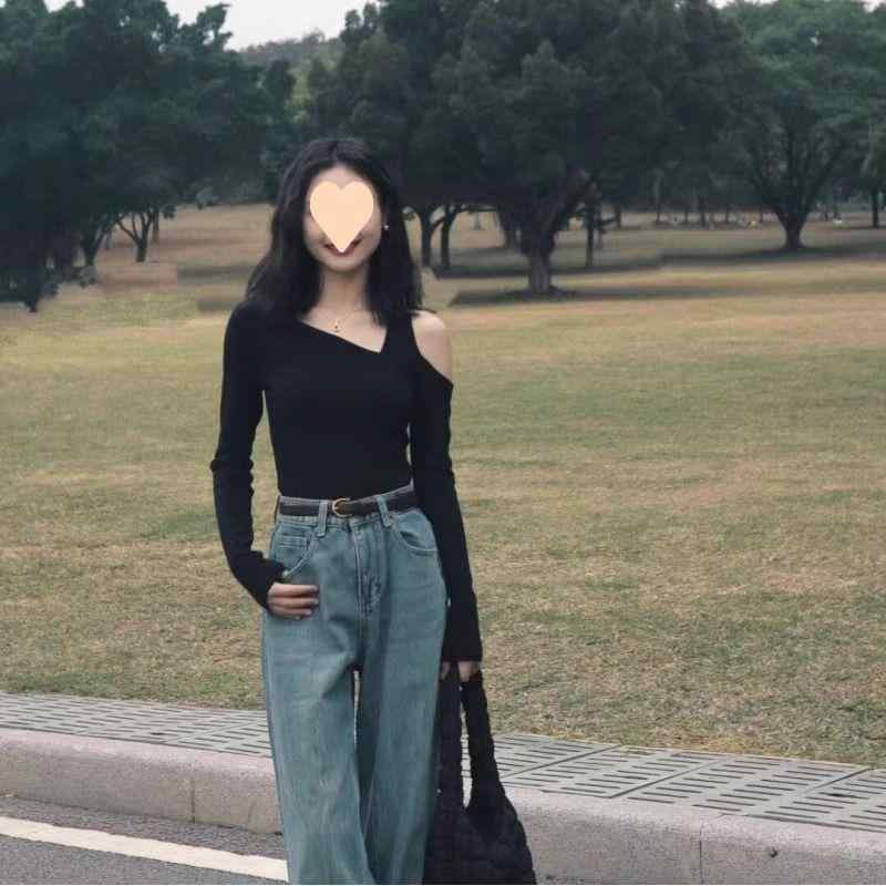 ニット レディース 黒 Vネック トップス 長袖 カットソー 接触冷感 伸縮性 無地 薄手 スリムフィット 肩出し インナー 普段使い 通勤 ..