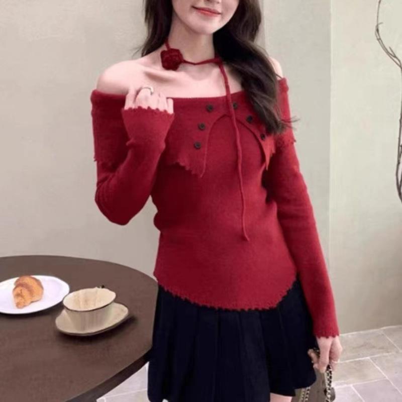 ニット レディース 一文字肩 長袖 トップス 秋冬 修身 着痩せ デザイン 襟付き 赤色 グレー ブラック ベージュ コーヒー色 エレガント 上品 きれいめ 通勤