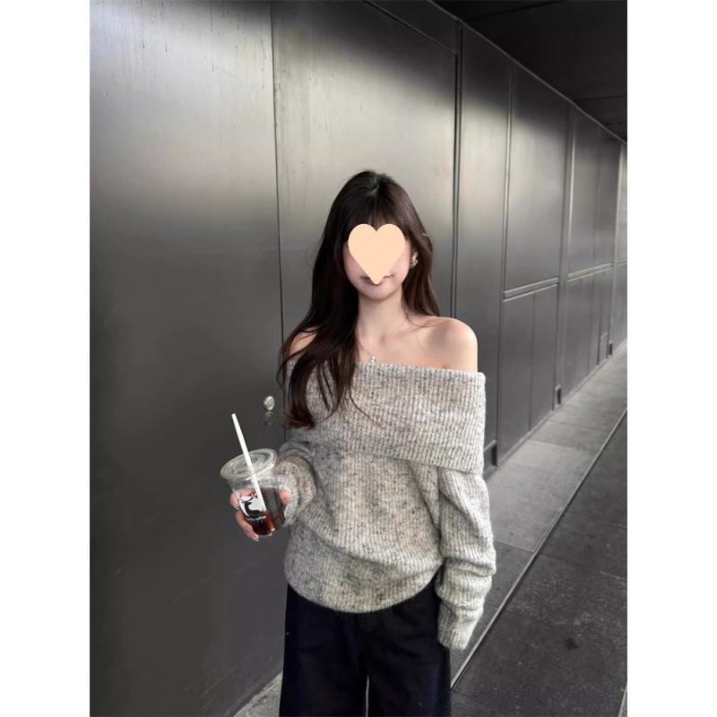 セーター レディース 春 ニット トップス グレー 肩出し 長袖 ゆったり 飛袖 配色 95%アクリル リブ 80-130斤