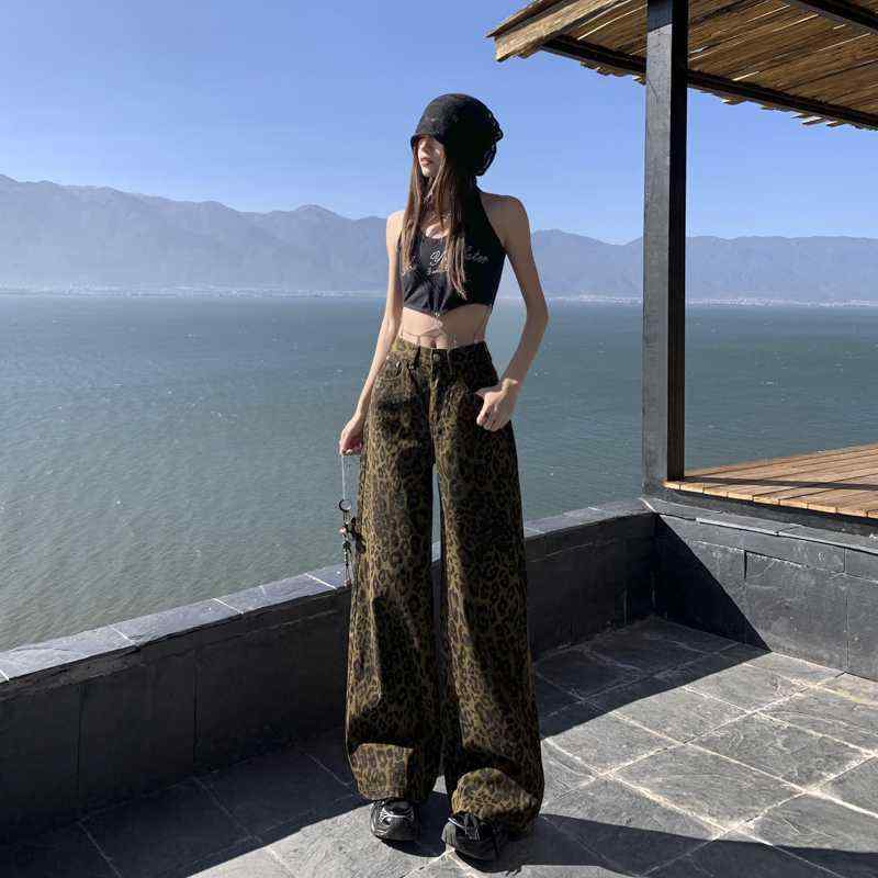 ジーンズ レディース ヒョウ柄 ワイドレッグパンツ ゆったり デニムパンツ 綿混紡 ハイウエスト カジュアル スタイル ジーパン ズボン ボトムス