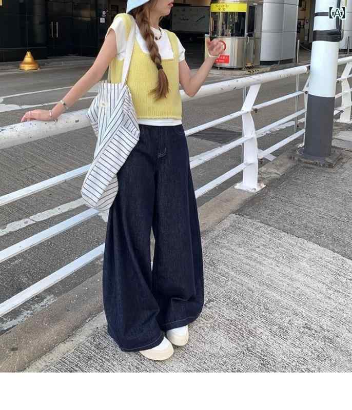 ジーンズ レディース デニム ワイドレッグ ゆったり ストレート ハイウエスト ブルー 綿 ウォッシュ加工 普段使い 体型カバー スタイルアップ 2