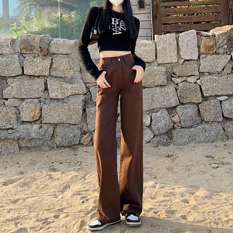 デニム レディース ワイドレッグパンツ ハイウエスト ゆったり ストレート 珈琲色 春夏 ジーンズ かわ..