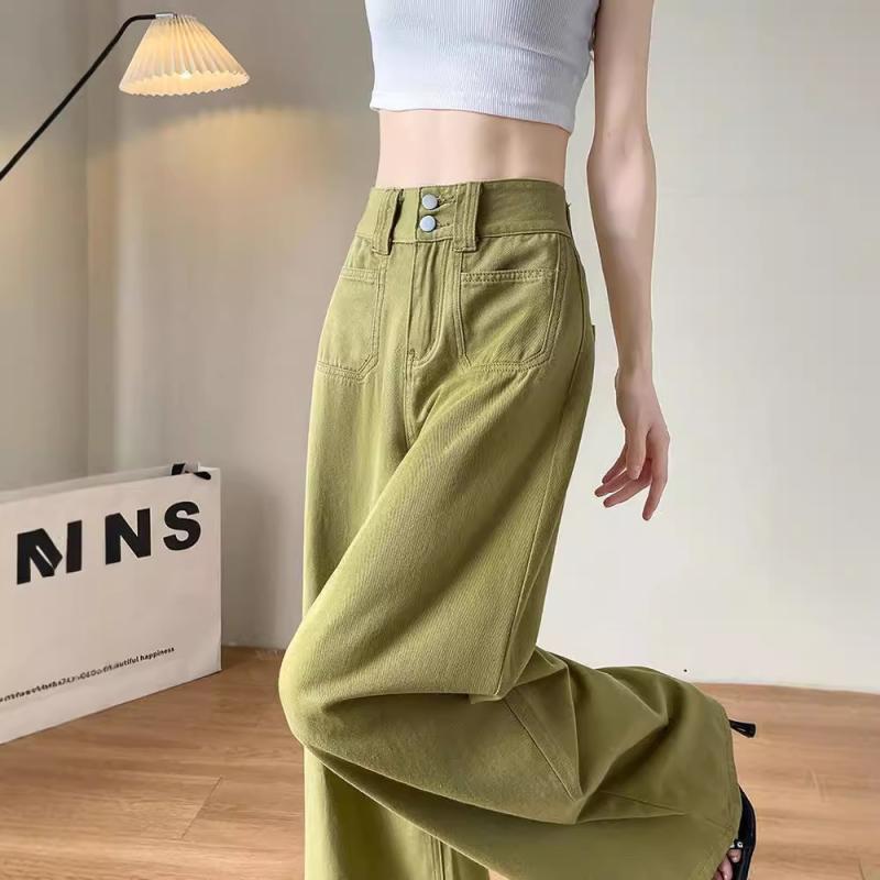 デニム レディース 高身長 ワイドパンツ アボカドカラー ジーンズ ジーパン ゆったり ストレート 美脚 ..