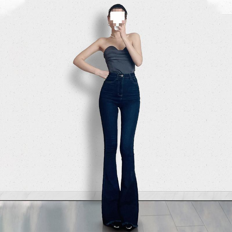 パンツ レディース ハイウエスト デニム 春夏 裾フリンジ ベルボトム ジーンズ 美脚 脚長 ロングパンツ 175cm 身長高め 深青色 ジーパ..