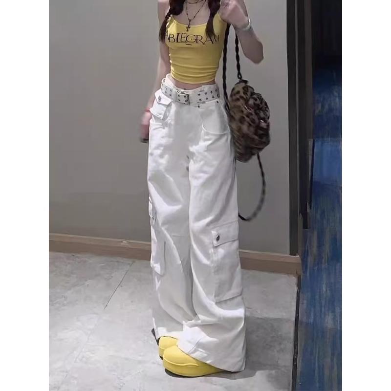 ジーンズ レディース 高腰 ワイドレッグ カーゴパンツ 白 デニム ルーズフィット ストレートパンツ ワークパンツ 韓国ファッション カジュアル スタイル