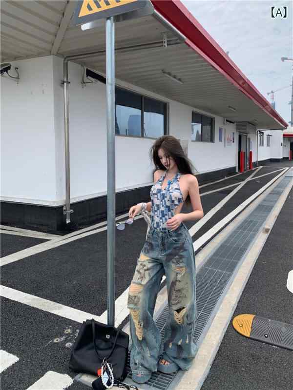 ジーンズ レディース ダメージ加工 ハイウエスト ワイドレッグ デニムパンツ 韓国...