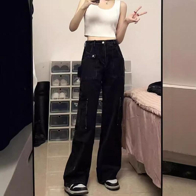 デニム レディース ワイド 秋冬 デザイン ブラック ゆったり ストレート ハイウエスト ジーンズ ジーパン ズボン ボトムス カジュアル 美脚 脚長 ダメージ加工