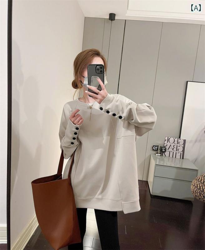 Tシャツ レディース 春秋 長袖 スウェット プルオーバー ゆったり 切り替え デザイン カットソー ミドル丈 トップス カジュアル 韓国風 黒 白 カーキ
