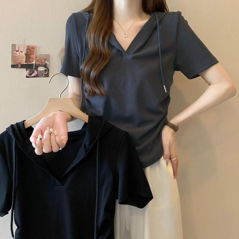 Rakuten - Tシャツ レディース 半袖 Vネック フード付き コットン ゆったり 接触冷感 無地 黒 ブラック グレー トップス カットソー