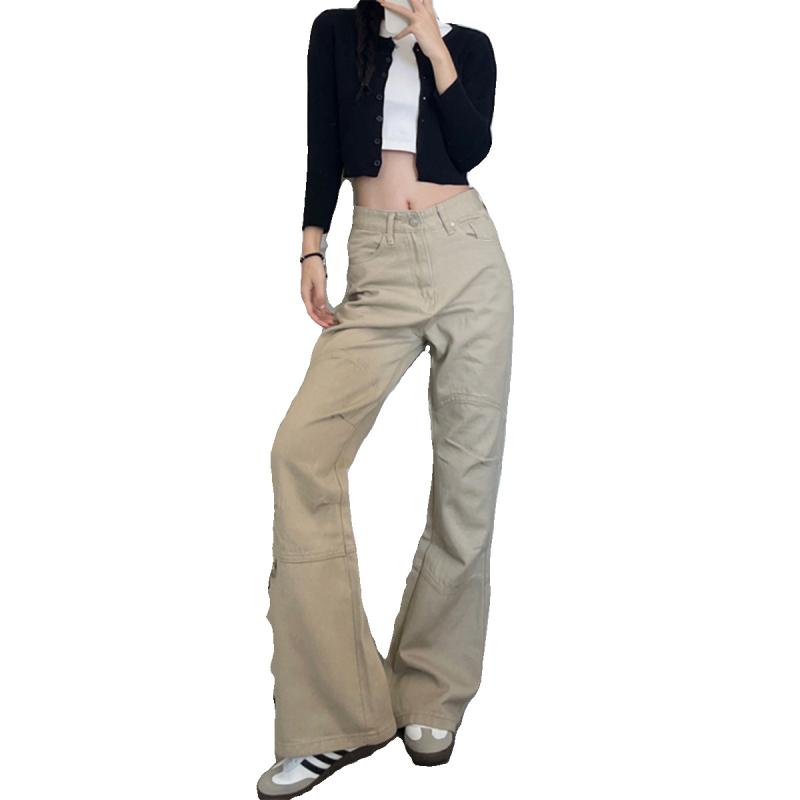 ジーンズ レディース カーキ色 ハイウエスト ワイドレッグ ストレート デニムパンツ 綿混紡 伸縮性