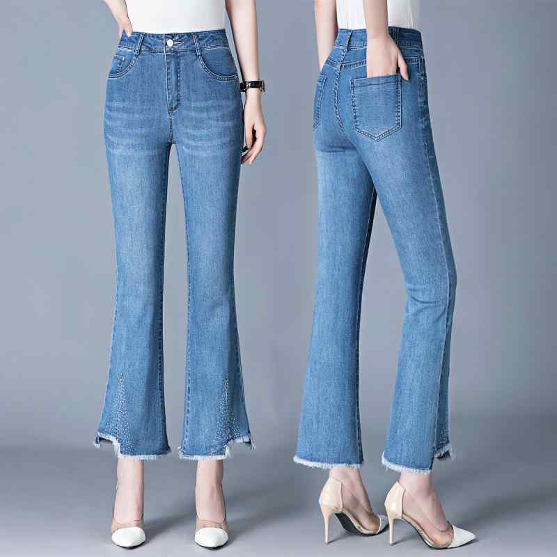 デニム レディース 微フレアパンツ 高見え 高伸縮 ハイウエスト 9分丈 ジーンズ 美脚 裾フリンジ ジー..