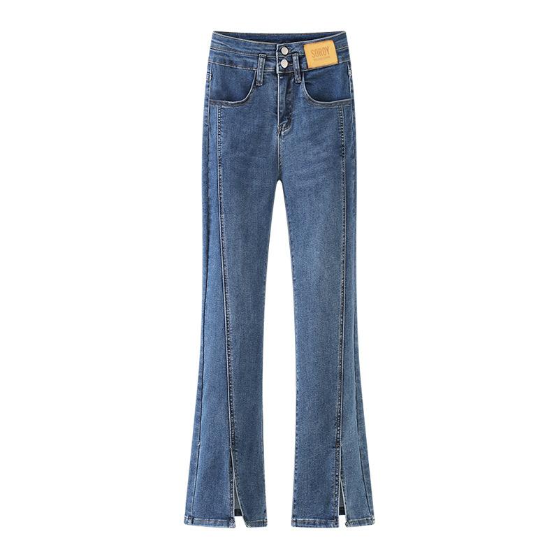 ジーンズ レディース デニム パンツ ジーパン パンツ ボトムス ベルボトム ブーツカット スリム タイト 美脚 伸縮性 ストレッチ ハイウエスト 足長 細見え スリット フリンジ カジュアル ロング丈 レトロ ヴィンテージ風 春夏秋冬 オールシーズン