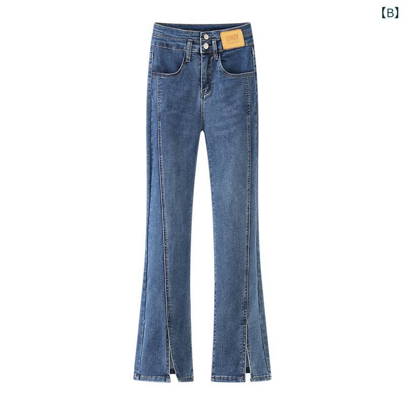 ジーンズ レディース デニム パンツ ジーパン パンツ ボトムス ベルボトム ブーツカット スリム タイト 美脚 伸縮性 ストレッチ ハイウエスト 足長 細見え スリット フリンジ カジュアル ロング丈 レトロ ヴィンテージ風 春夏秋冬 オールシーズン — vista 3