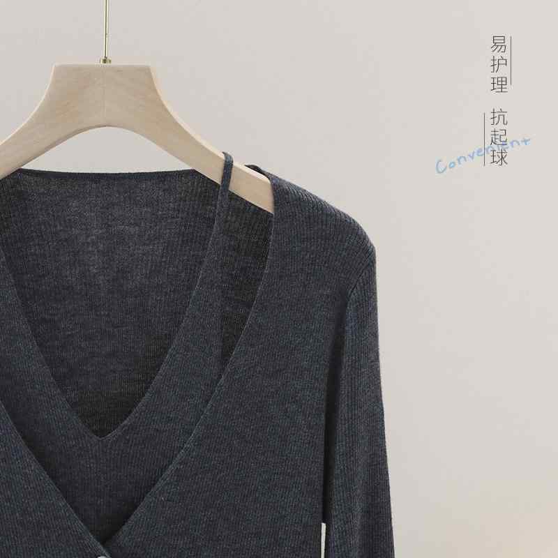 ニット レディース Vネック 長袖 トップス レイヤード風 プルオーバー 羊毛混紡 日韓スタイル カジュアル 黒 グレー系 オフホワイト M L XL