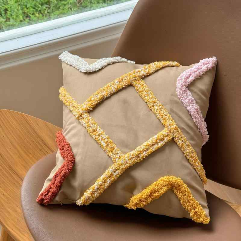 クッションカバー ボヘミアン ストライプ 45cm ポリエステル シェニール パイル ジャカード 立体 刺繡 ベージュ ネイビー ピンク グレー アイボリー リビング