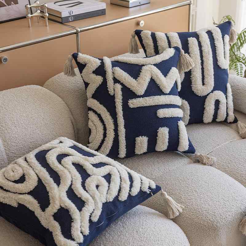 クッションカバー 北欧風 ボヘミアン 幾何学模様 タッセル 房付き 45×45cm ポリエステル 綿 リビング 寝室 ソファ