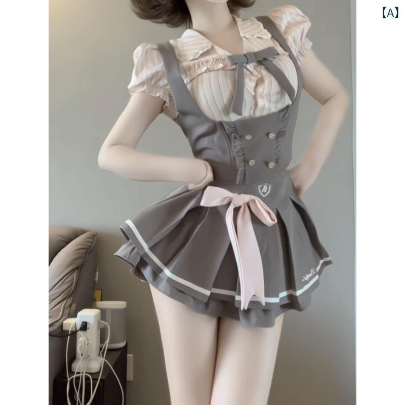 制服 学生服 女の子 ピンク 海軍風 切り替え リボン シャツ プリーツスカート ハイウエスト セットアップ ガーリー かわいい