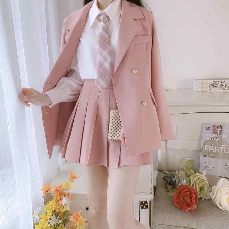 スカート レディース ガーリー 長袖シャツ プリーツスカート スーツ 3点セット セットアップ パステルピンク かわいい ファッション モード系 エレガント お嬢様スタイル