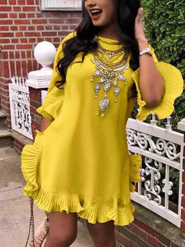 ワンピース レディース Vネック 半袖 高腰 膝丈 Aライン フレアスカート ギャザー フリル 無地 きれいめ かわいい フェミニン エレガント イエロー