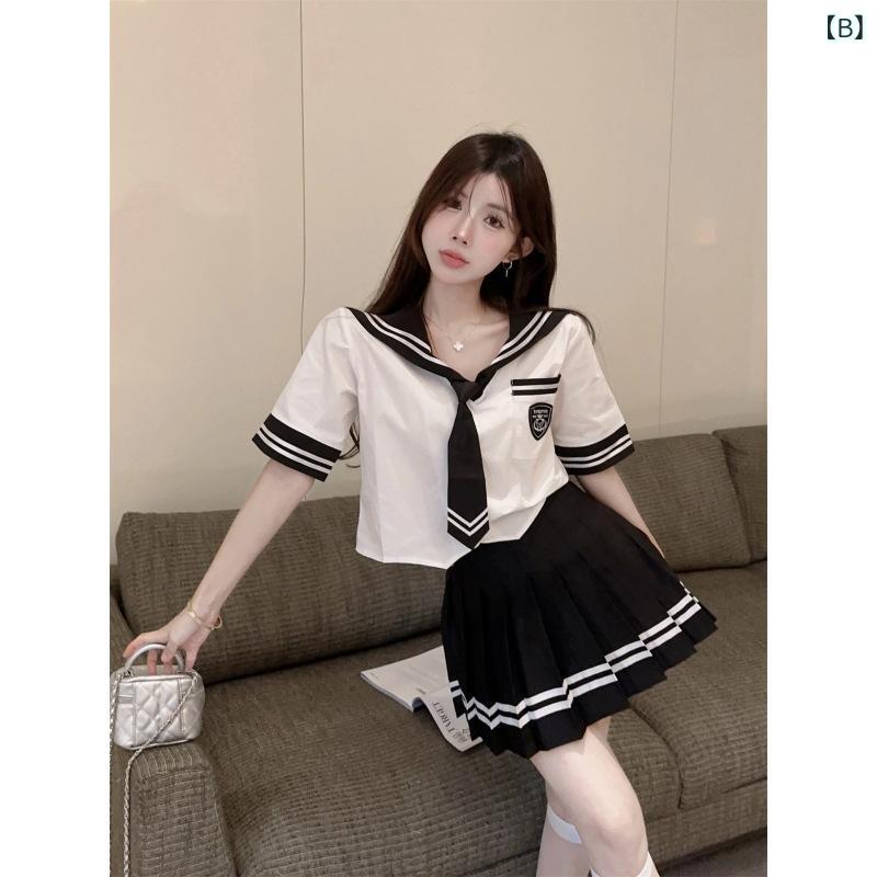 セットアップ レディース JK 制服 上下セット 半袖シャツ プリーツスカート ミニスカート スクールガール風 かわいい ガーリースタイル ブラック ホワイト ポリエステル 3