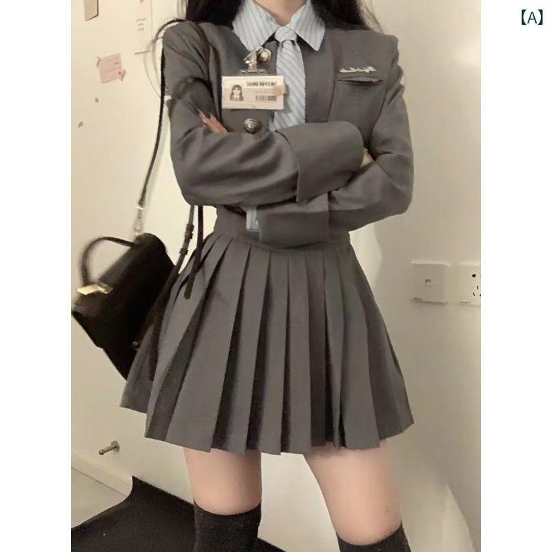 制服 レディース ストライプ柄シャツ ショート丈 ジャケット プリーツスカート セットアップ ガーリー スタイル かわいい 公主袖 長袖