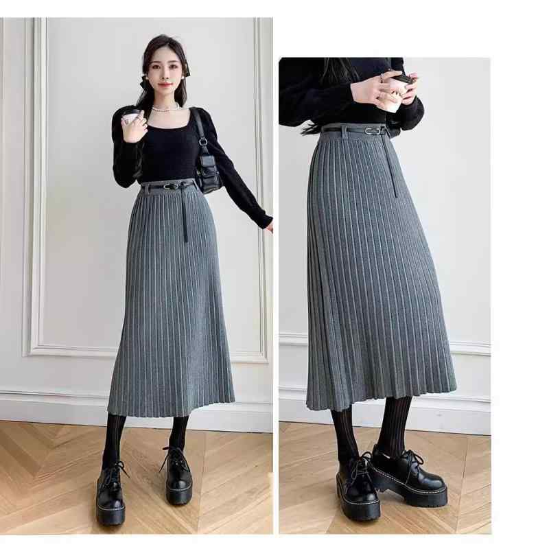 スカート レディース 秋冬 高腰 Aライン ニットスカート ひざ丈 フレアスカート ウエストゴム 体型カバー ミモレ丈 上品 きれいめ オフィス 通勤 無地 ボーダー柄 黒 白 ピンク系