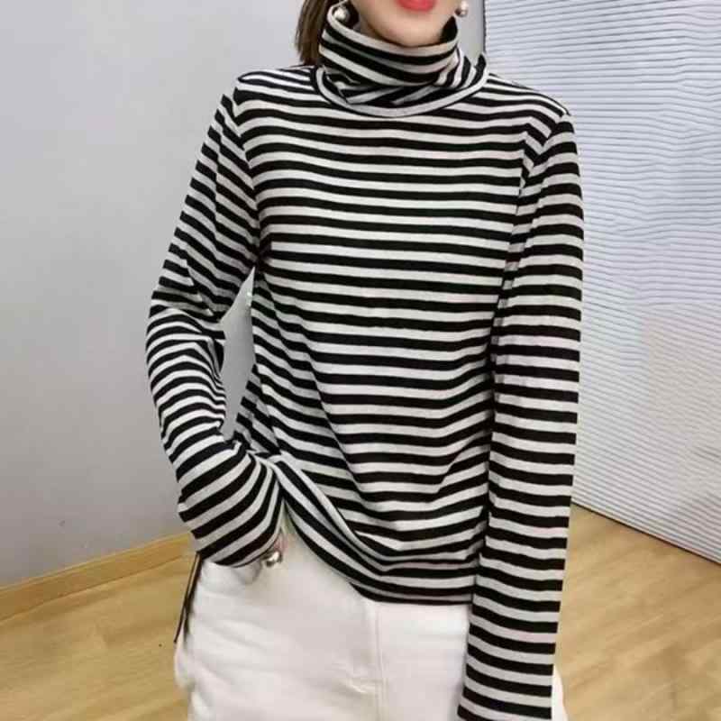 乐天商城 - Tシャツ レディース 高襟 トップス ストライプ プルオーバー カジュアル 普段使い 肌に優しい 長袖 カットソー ゆったり コットン 日韓スタイル 緑色 黒色 赤色
