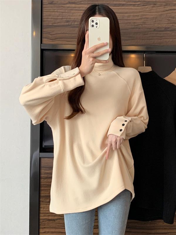 Other - Tシャツ レディース 秋冬 トップス 長袖 カットソー あったか 防寒 インナー ゆったり ミドル丈 半高襟 ポリエステル 無地 カジュアル きれいめ オフィスカジュアル 白 黒