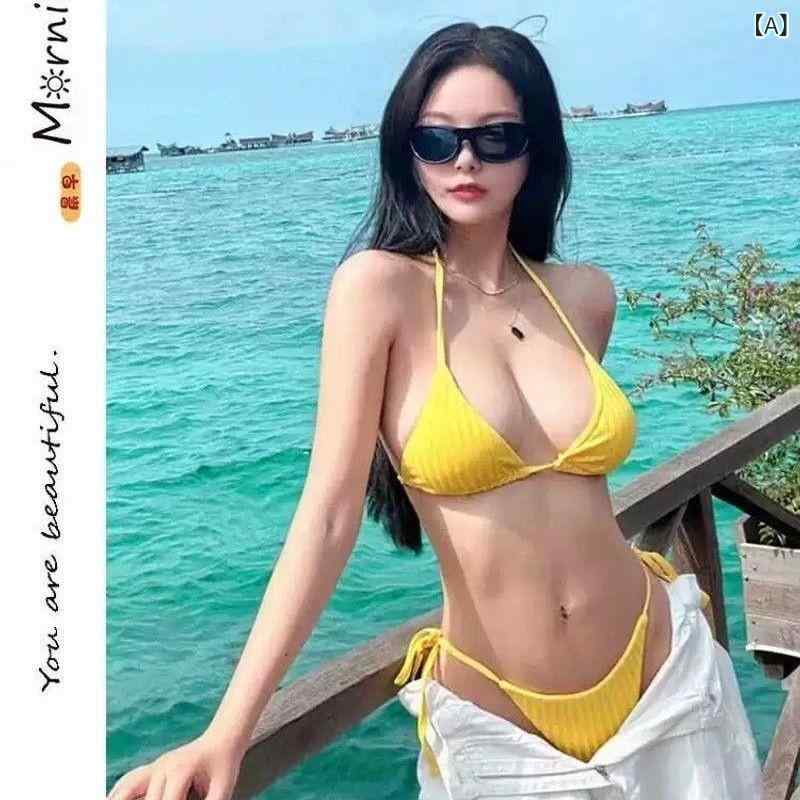 Two-Piece - レディース 水着 ビキニ セクシー バンデュー セパレート 黄色 黄色系 スパイスアップ トライアングル トップ ボトム 女性用 プール ビーチ スイムウェア 伸縮性 速乾 軽量 涤纶 ポリエステル スパンデックス 無袖 三点式 プッシュアップ 胸元強調