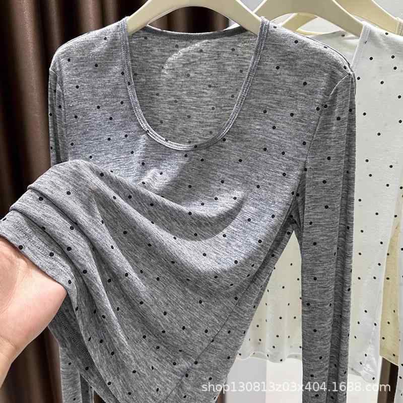 Other - Tシャツ レディース 秋冬 長袖 トップス 再生繊維 波点 ドット柄 切り替え ハイネック 通勤 オフィスカジュアル