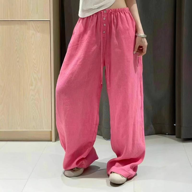 Capri Pants - レディース リネン ワイドパンツ 松腰 貝殻ボタン ストレート クロップド ロング ミッドライズ 麻素材 ゆったり ガーリー グレー 緑 ピンク 夏 デイリー 軽量 通勤 カジュアル