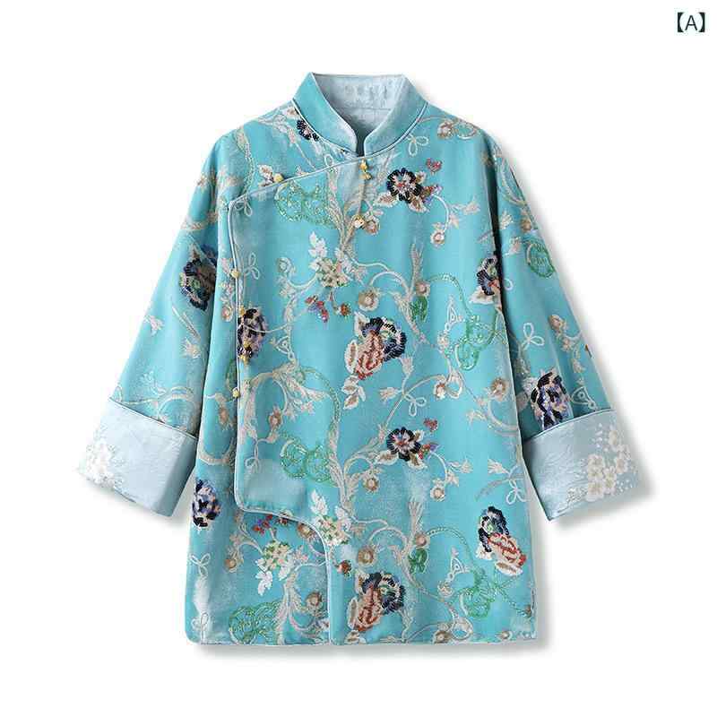 シャツ レディース 刺繍 刺繡 花柄 スパンコール チュニック 中国風 チャイナスタイル レトロ ポリエステル 長袖 立ち襟 ゆったり 文芸 复古 湖藍色
