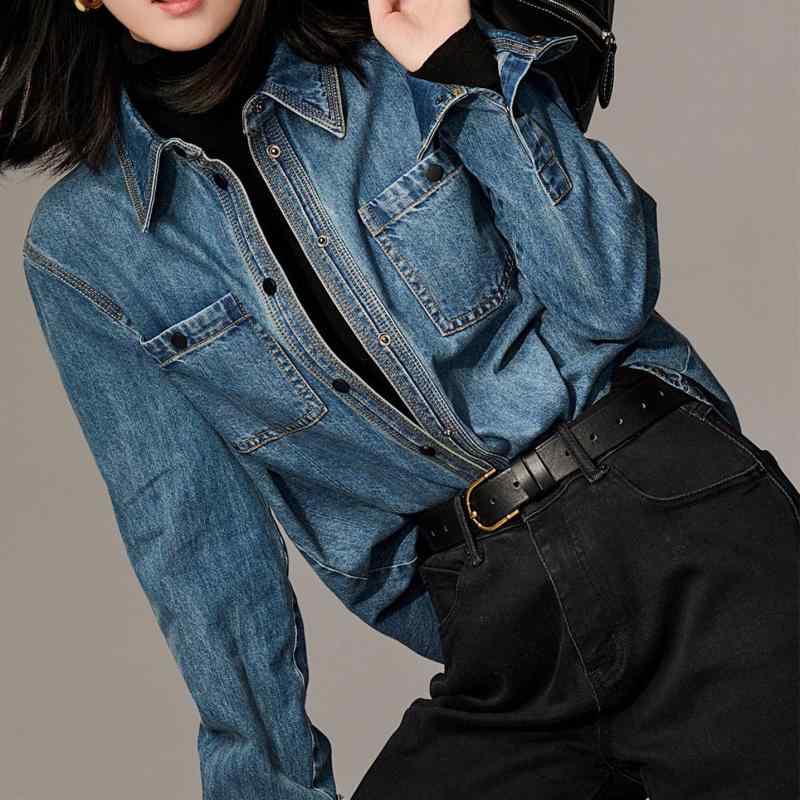 シャツ レディース デニムシャツ 長袖 ミドル丈 襟付き コットン ポリエステル ゆったりサイズ ウォッシュ加工 レトロ ブルー