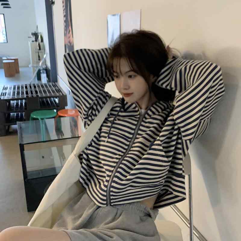パーカー レディース 秋冬 長袖 ジップアップ ストライプ柄 フード付き 薄手 普段使い リラックス ゆったり かわいい 韓国風 カジュアル ブラック 黒 ブルー 青 M L XL XXL