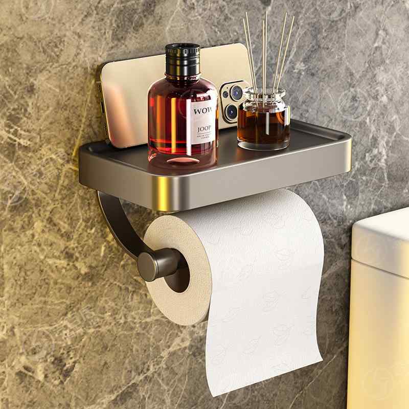 トイレットペーパーホルダー 壁掛け 多機能 アルミ製 浴室 ホテル トイレ 収納棚 置き棚 ガンメタル ブ..