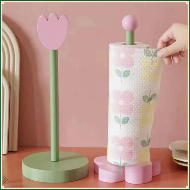 キッチン収納 フラワープリント 木製 ペーパータオルホルダー 吊り下げ 壁掛け ロールペーパーラック 棚 飾り棚 おしゃれ かわいい インテリア チューリップ