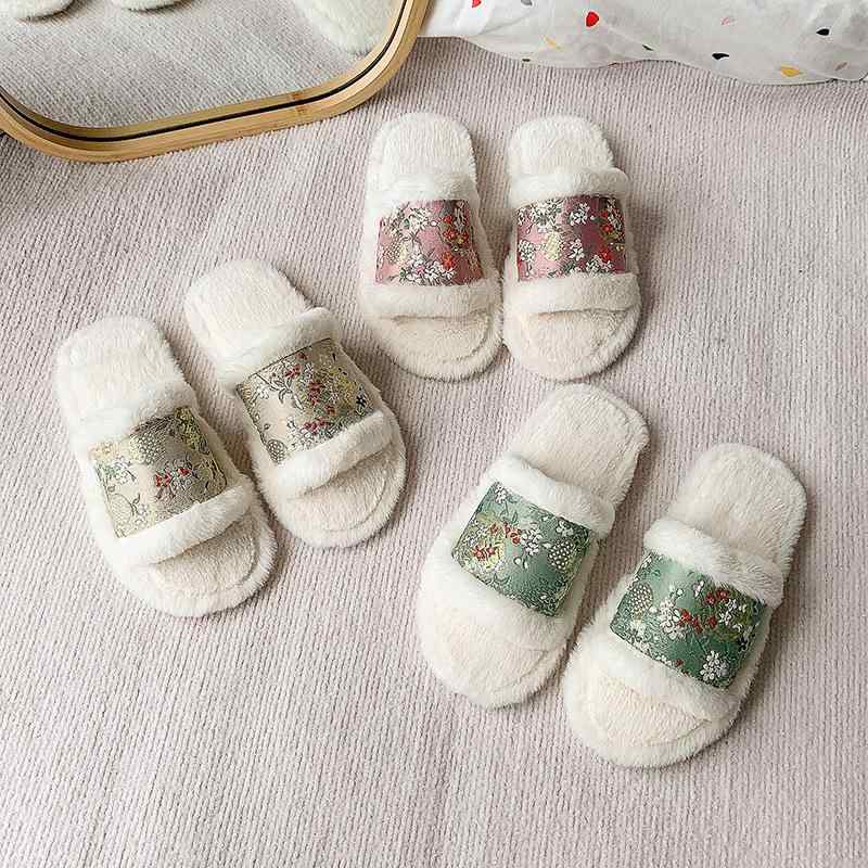スリッパ レディース 秋冬 ルームシューズ 純手工 刺繡 フラット あったか もこもこ かわいい 室内履き ピンク系 イエロー系 グリーン系