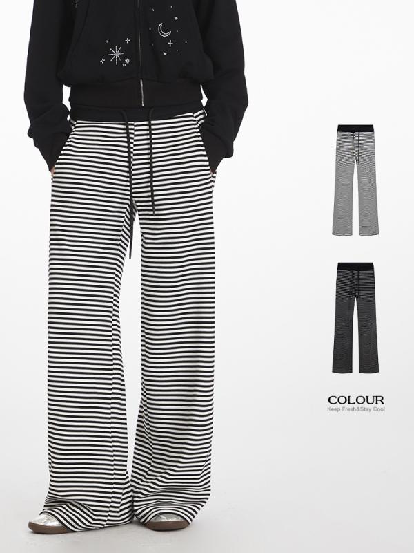 パンツ レディース 秋冬 ストライプ 直筒パンツ ズボン ポリエステル 高腰 伸縮性 リラックス カジュア..