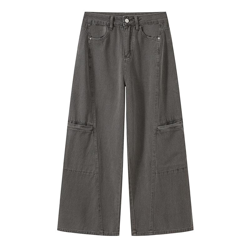 ジーンズ レディース ワイド カーゴパンツ グレー デニムパンツ ハイウエスト ストレートパンツ ゆった..
